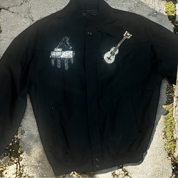 Vintage rock & roll sequin bomber jacket guitar piano lightning patchwork sz Med - Picture 2 of 3